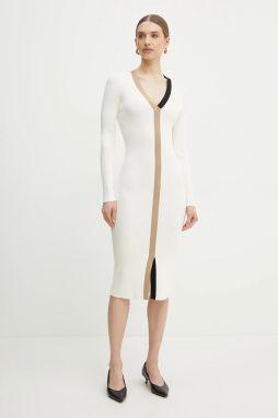 Šaty BOSS béžová farba, midi, priliehavé, 50537746