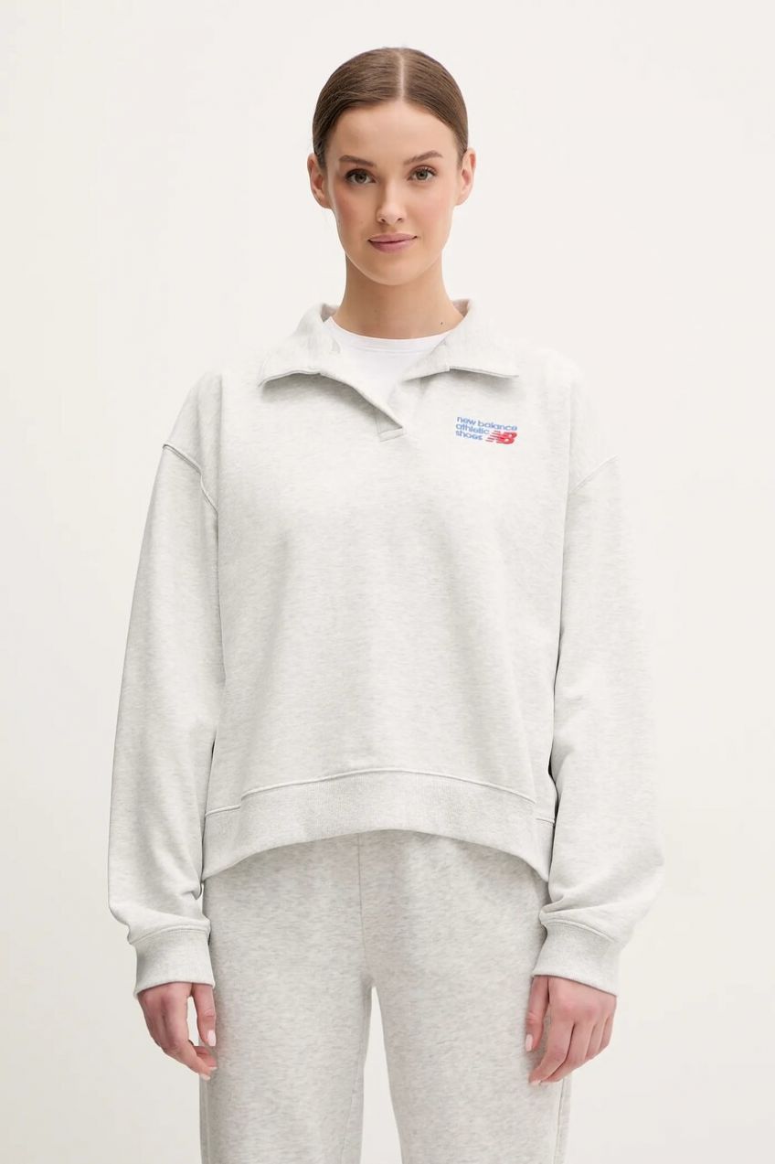 Bavlnená mikina New Balance dámska, šedá farba, melanžová, WT51513AHH