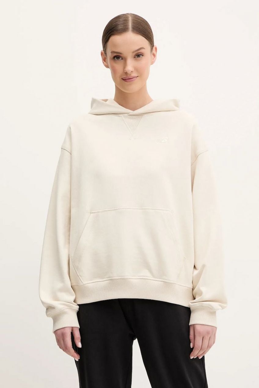 Bavlnená mikina New Balance dámska, béžová farba, s kapucňou, jednofarebná, WT41537LIN