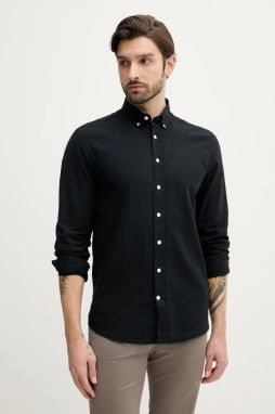 Ľanová košeľa Lindbergh pánska, čierna farba, voľný strih, s golierom button-down, 30-203344B