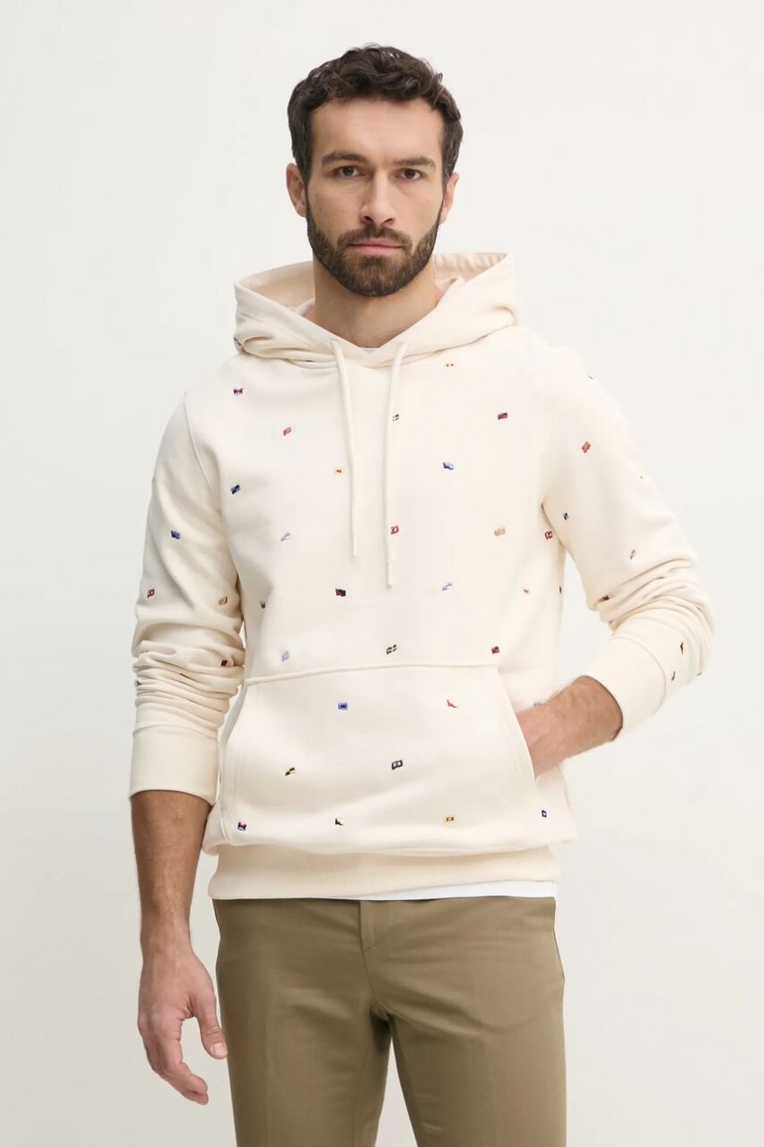Bavlnená mikina Tommy Hilfiger pánska, béžová farba, s kapucňou, s nášivkou, MW0MW39310