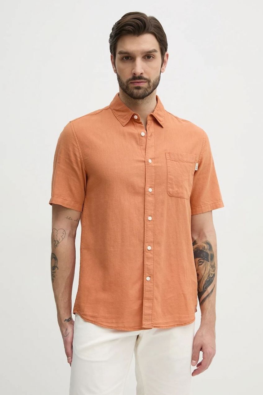 Ľanová košeľa Pepe Jeans AMARO pánska, oranžová farba, regular, s klasickým golierom, PM308847