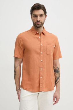 Ľanová košeľa Pepe Jeans AMARO pánska, oranžová farba, regular, s klasickým golierom, PM308847