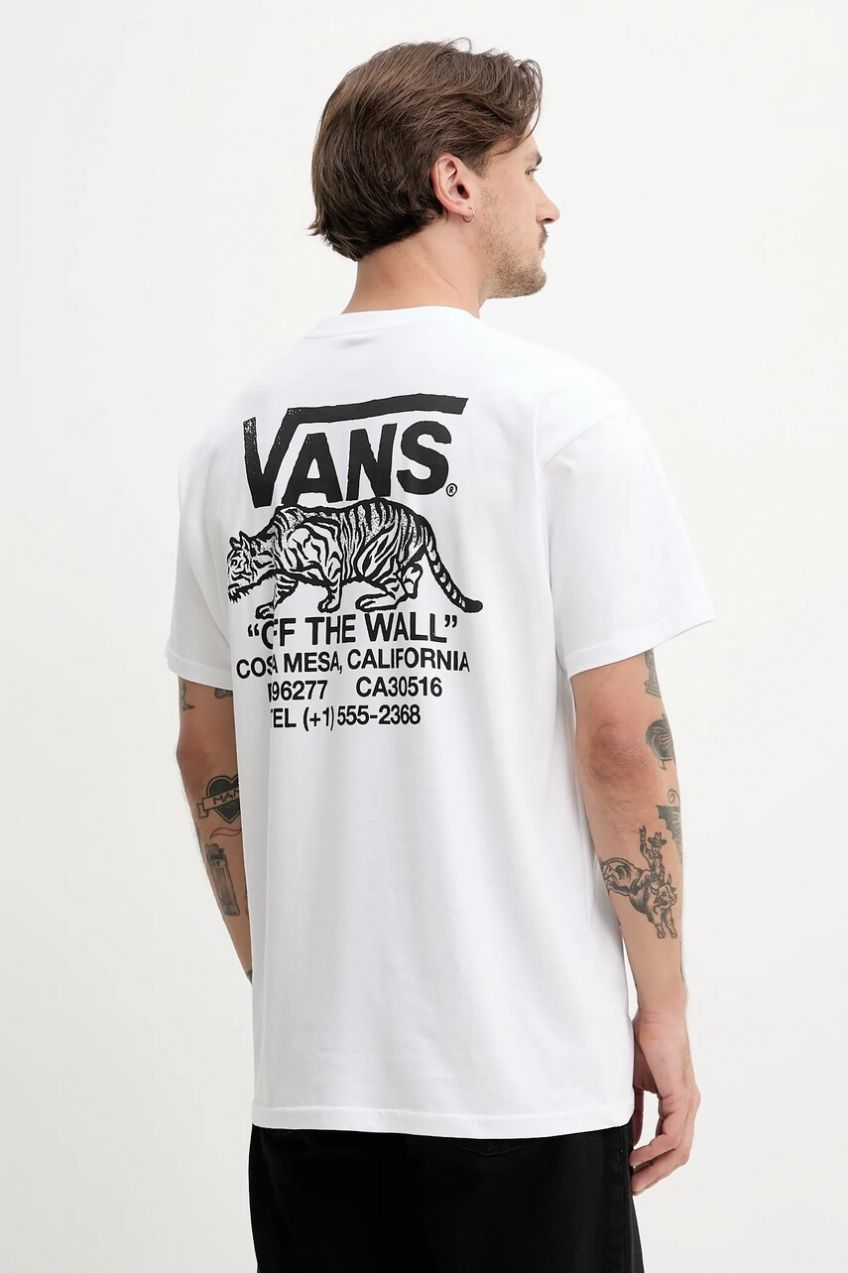 Bavlnené tričko Vans pánske, biela farba, s potlačou, VN000M3YWHT1