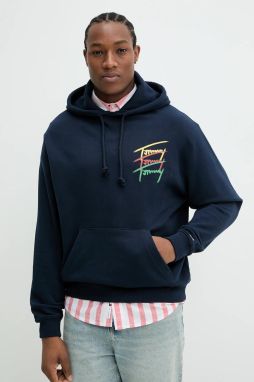 Bavlnená mikina Tommy Jeans pánska, tmavomodrá farba, s kapucňou, s potlačou, DM0DM21372