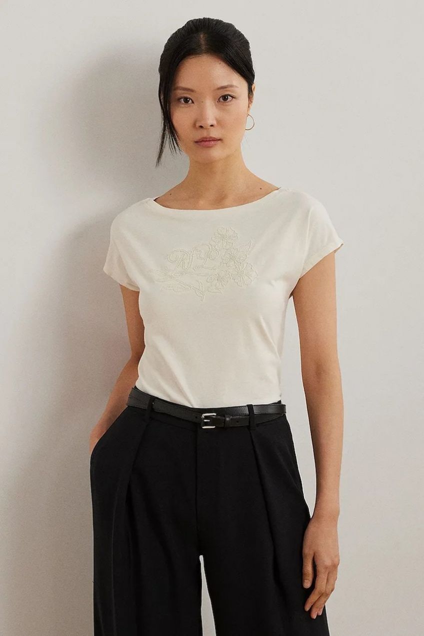 Bavlnené tričko Lauren Ralph Lauren dámske, béžová farba, 200963933