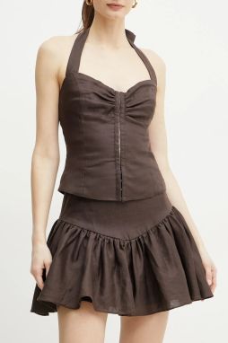 Ľanová sukňa Bardot AMORETTE hnedá farba, mini, áčkový strih, 59864SB2