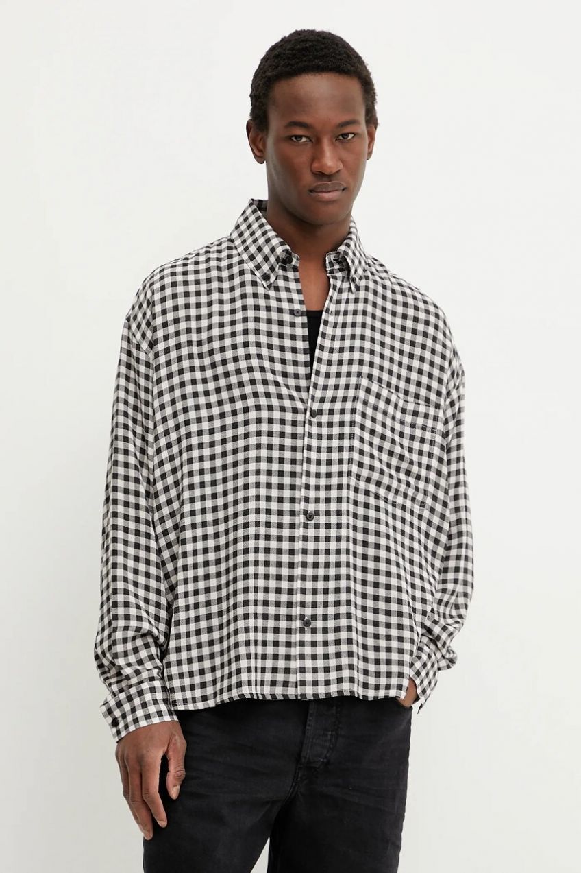 Košeľa Won Hundred pánska, čierna farba, voľný strih, s golierom button-down, 3550-14274