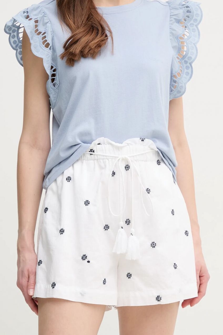 Bavlnené šortky Pepe Jeans EDNA dámske, biela farba, s nášivkou, vysoký pás, PL801159