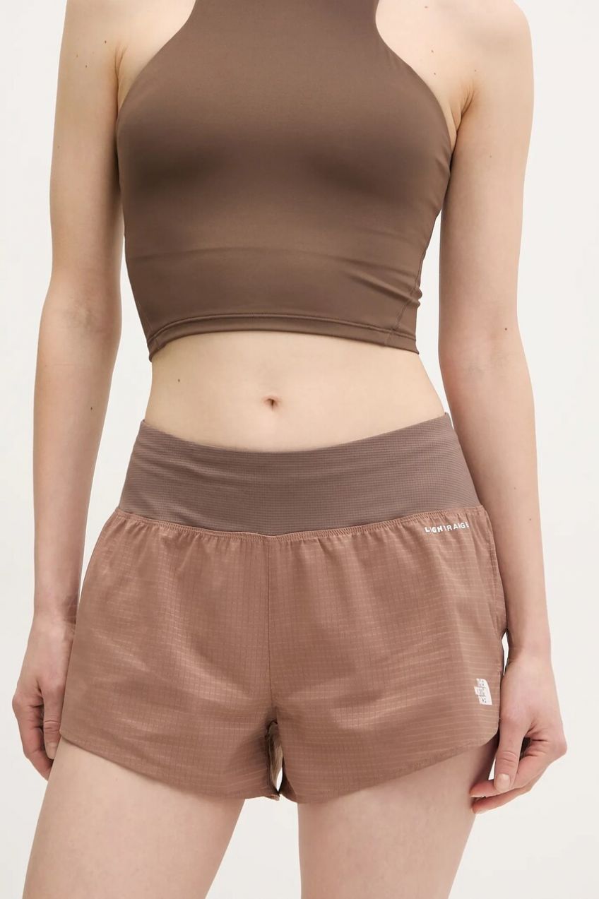 Športové krátke nohavice The North Face Sunriser dámske, hnedá farba, vzorované, vysoký pás, NF0A8BC05K21