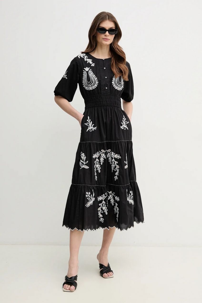 Bavlnené šaty Pepe Jeans DESTINY DRESS čierna farba, midi, áčkový strih, PL953743