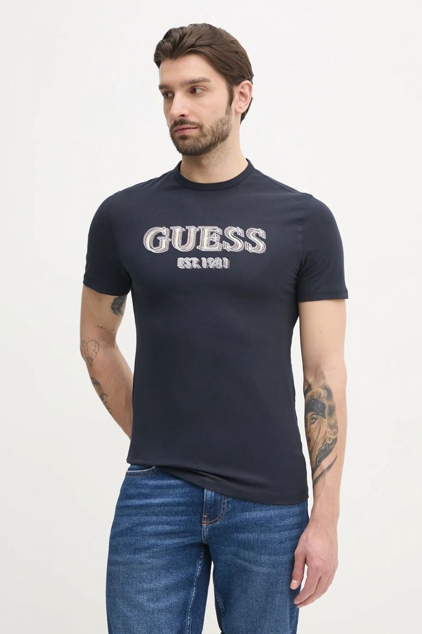Bavlnené tričko Guess pánske, tmavomodrá farba, s potlačou, M5GI07 I3Z14