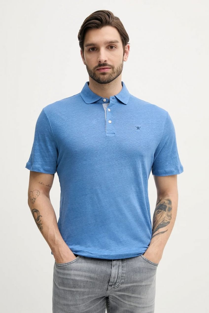 Ľanové polo Hackett London pánsky, fialová farba, jednofarebný, HM563435