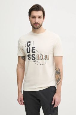 Bavlnené tričko Guess pánske, béžová farba, s potlačou, M5GI44 KBW41