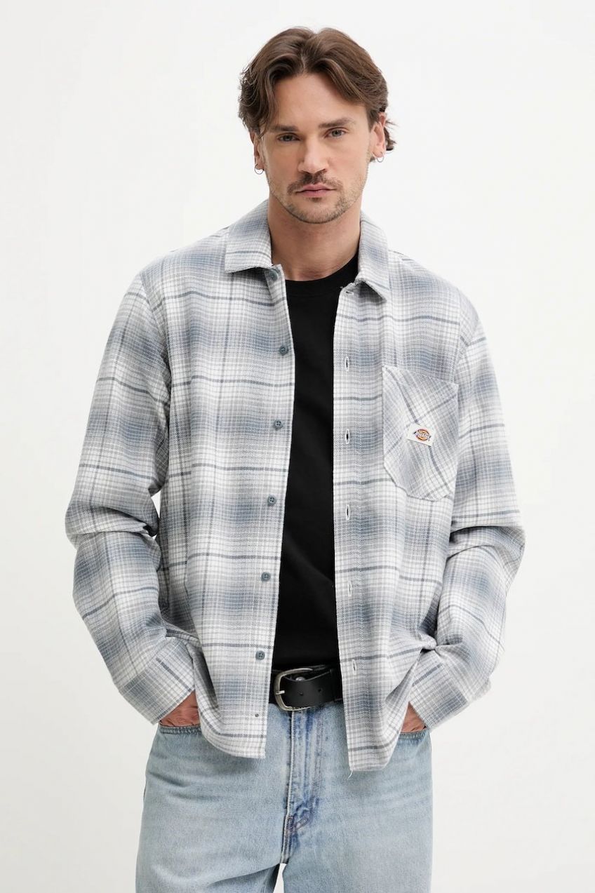 Bavlnená košeľa Dickies pánske, šedá farba, voľný strih, s klasickým golierom, DK0A8653G701