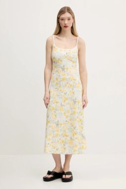 Ľanové šaty Hollister Co. biela farba, midi, rovný strih, KI359-5266