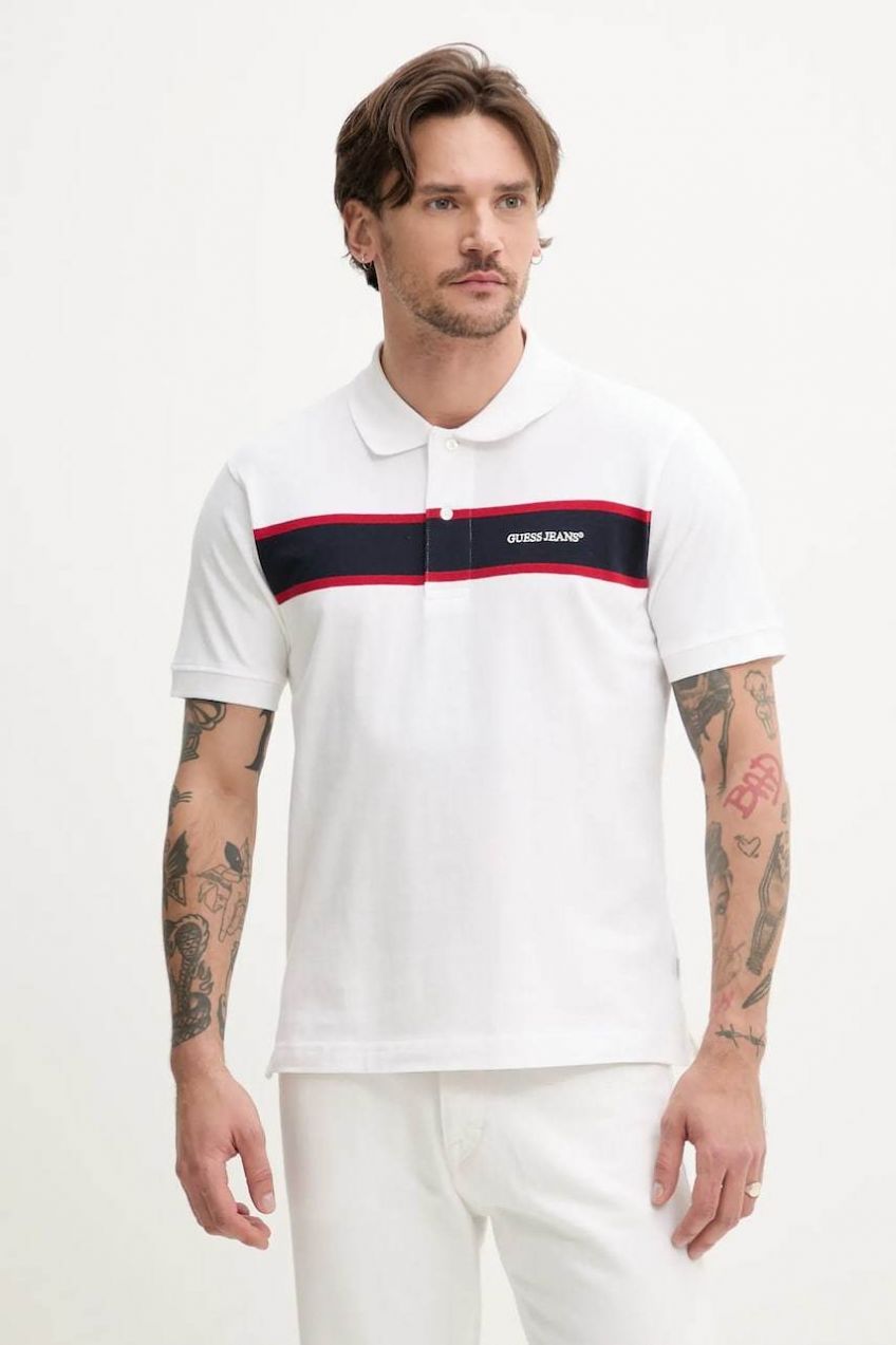 Bavlnené polo tričko Guess Jeans pánske, biela farba, s nášivkou, M5GP29 KCJV1