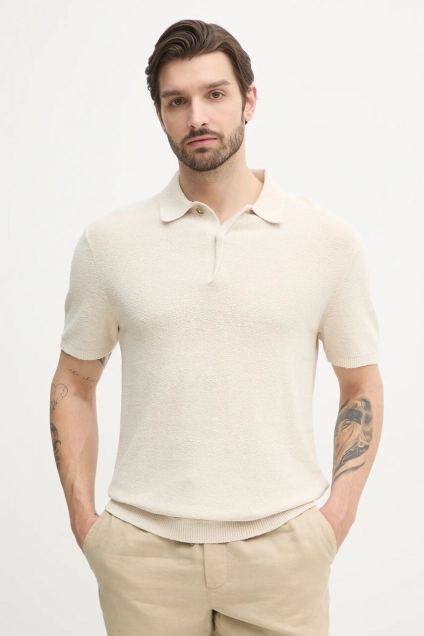 Polo tričko s prímesou ľanu Calvin Klein pánske, béžová farba, jednofarebné, K10K114463