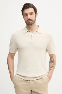 Polo tričko s prímesou ľanu Calvin Klein pánske, béžová farba, jednofarebné, K10K114463