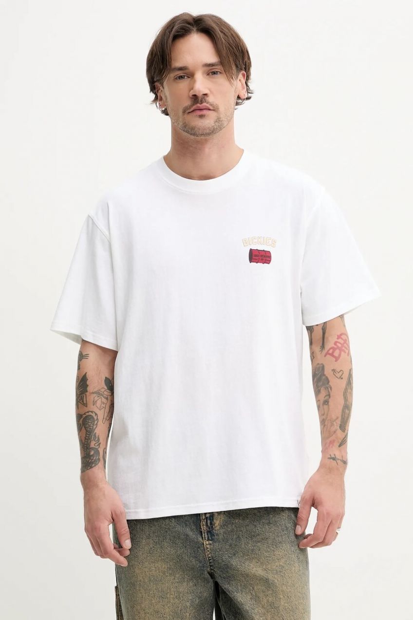 Bavlnené tričko Dickies pánske, biela farba, s potlačou, DK0A4Z8T0WH1