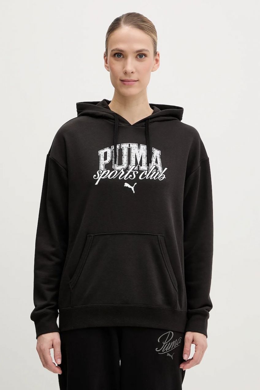 Mikina Puma dámska, čierna farba, s kapucňou, s potlačou, 685034
