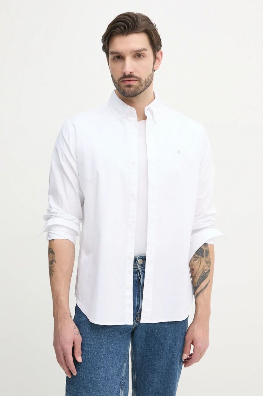 Košeľa Calvin Klein Jeans pánska, biela farba, regular, s golierom button-down, LV040EM125
