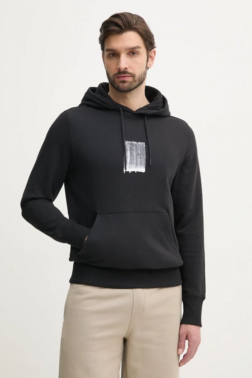Bavlnená mikina Calvin Klein Jeans pánska, čierna farba, s kapucňou, s potlačou, J30J327525