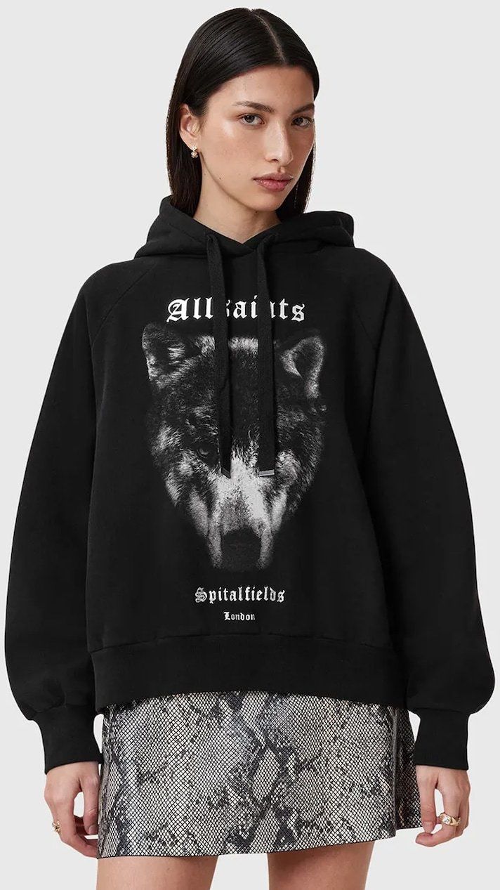 Mikina AllSaints DAWN TALON dámska, čierna farba, s kapucňou, s potlačou, W017JC