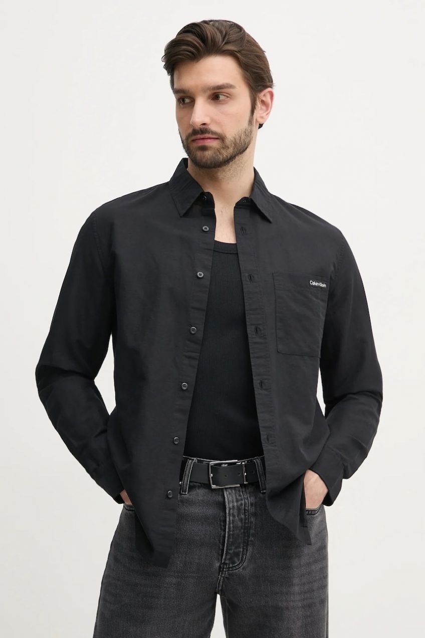 Ľanová košeľa Calvin Klein Jeans pánska, čierna farba, regular, s klasickým golierom, J30J327295