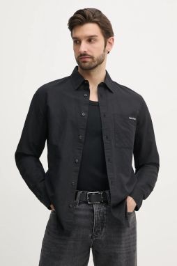 Ľanová košeľa Calvin Klein Jeans pánska, čierna farba, regular, s klasickým golierom, J30J327295