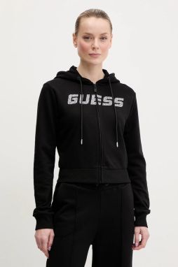 Bavlnená mikina Guess PRIMULA dámska, čierna farba, s kapucňou, s nášivkou, V5GQ10 KCRP0