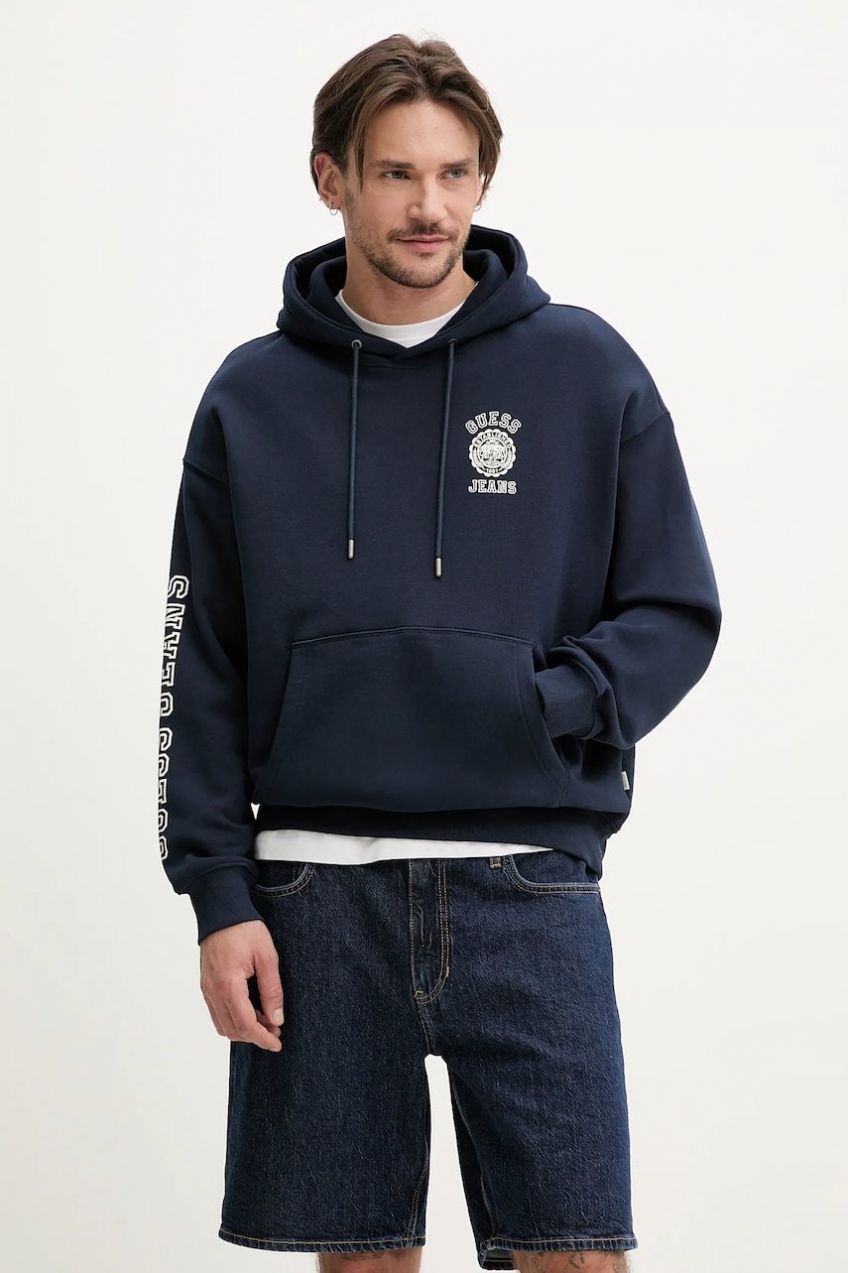 Bavlnená mikina Guess Jeans pánska, tmavomodrá farba, s kapucňou, s potlačou, M5GQ21 KCPR1