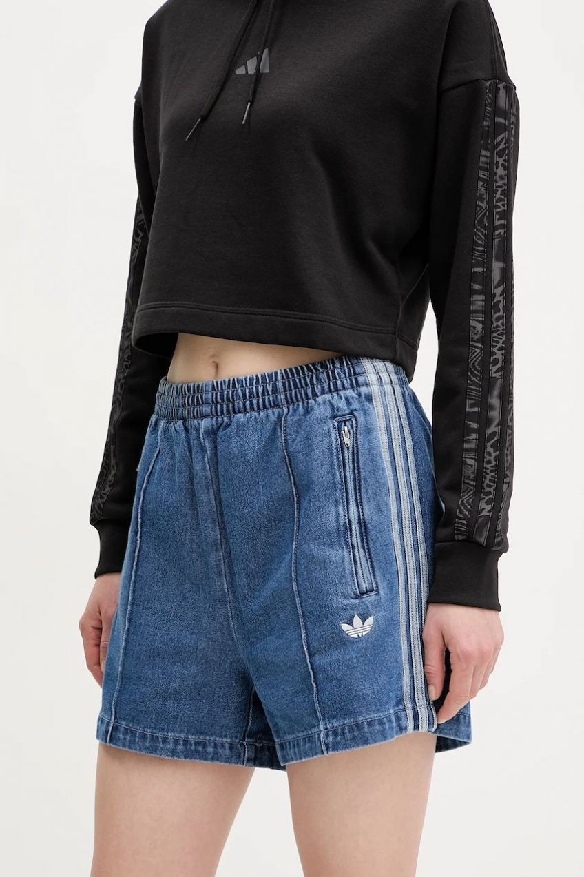 Rifľové krátke nohavice adidas Originals Firebird dámske, s nášivkou, vysoký pás, JD2562