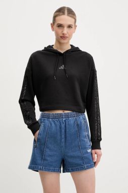 Mikina adidas W AOP Blur dámska, čierna farba, s kapucňou, s nášivkou, JC6244