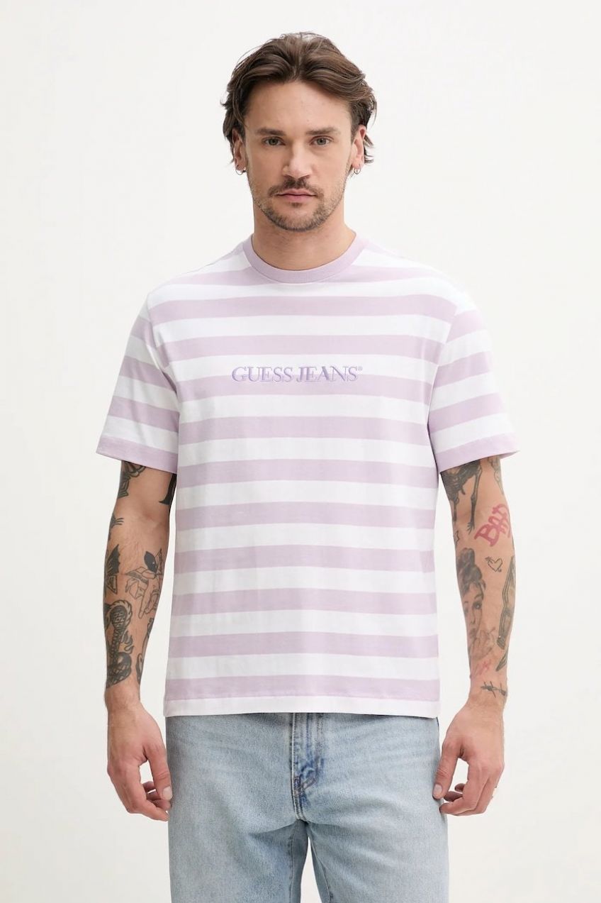 Bavlnené tričko Guess Jeans pánske, ružová farba, vzorované, M4YI84 K9XF1