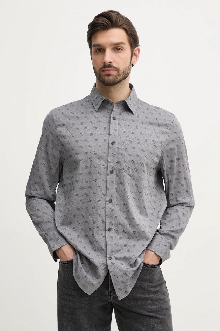 Košeľa Guess JACQUARD pánska, šedá farba, regular, s klasickým golierom, M5GH65 WFXX1