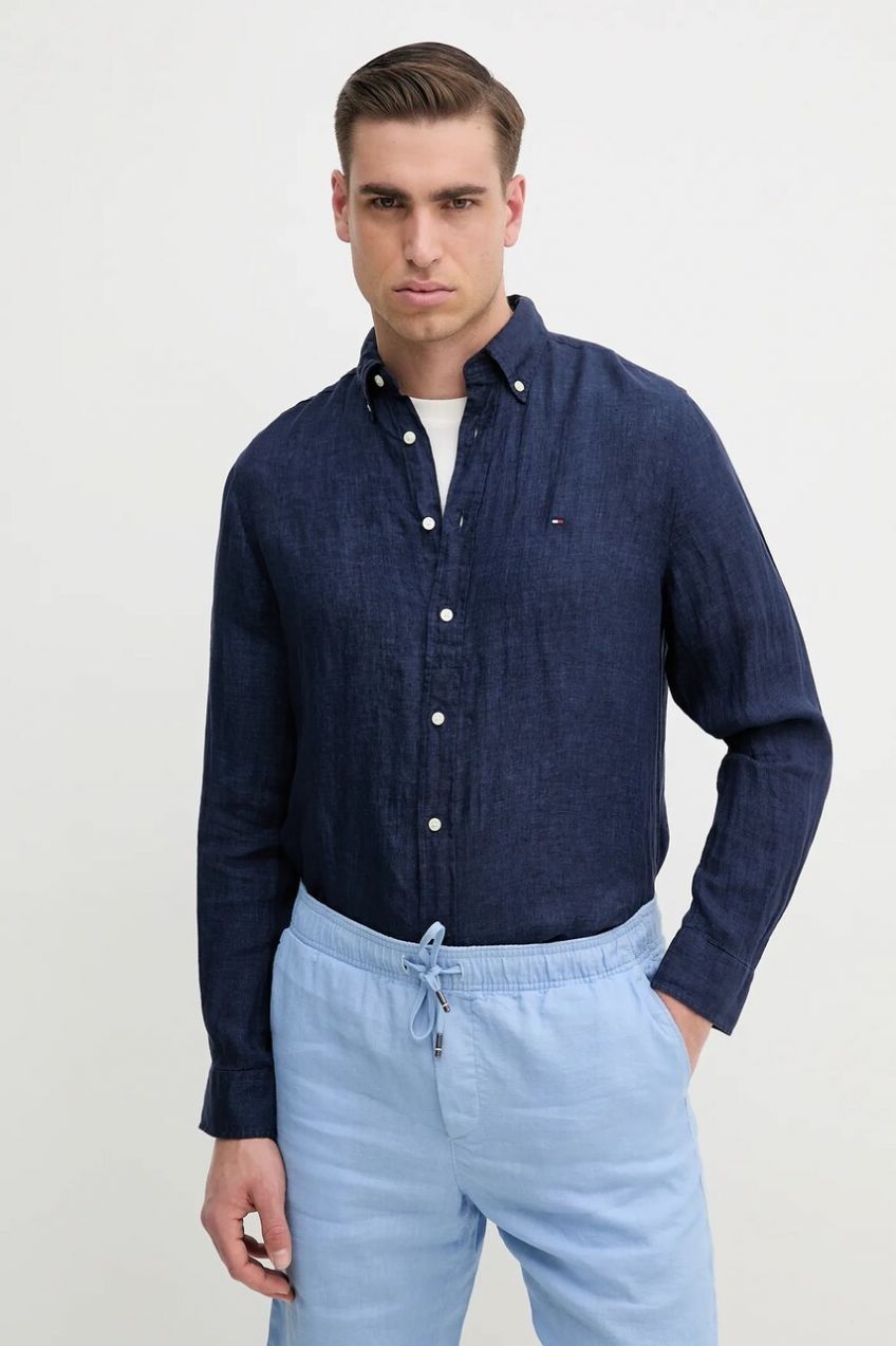 Ľanová košeľa Tommy Hilfiger tmavomodrá farba, regular, s golierom button-down, MW0MW34602