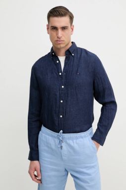 Ľanová košeľa Tommy Hilfiger tmavomodrá farba, regular, s golierom button-down, MW0MW34602