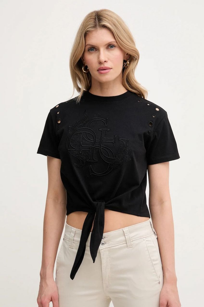 Bavlnené tričko Guess EYELET dámske, čierna farba, W5GI18 I3Z14