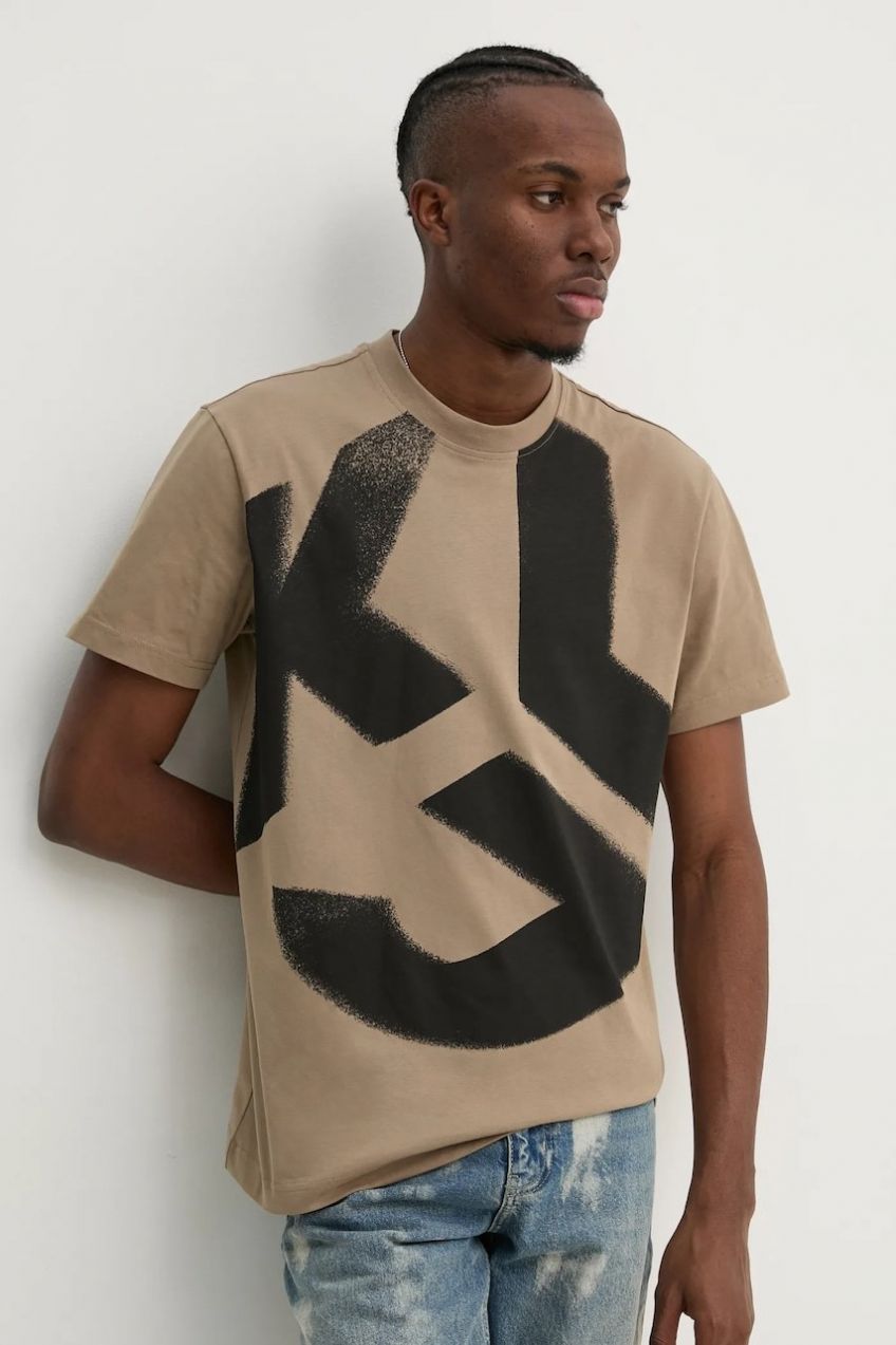 Bavlnené tričko Karl Lagerfeld Jeans pánske, béžová farba, vzorované, A1M17045