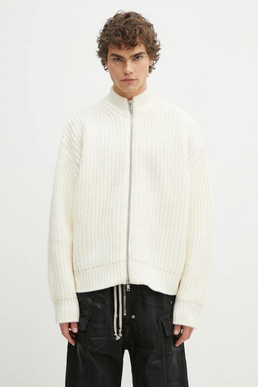 Kardigán s prímesou vlny MKI MIYUKI ZOKU Chuky Rib Knit Track Jacket pánsky, béžová farba, CHUKY.RIB.KNIT.TRACK.J.