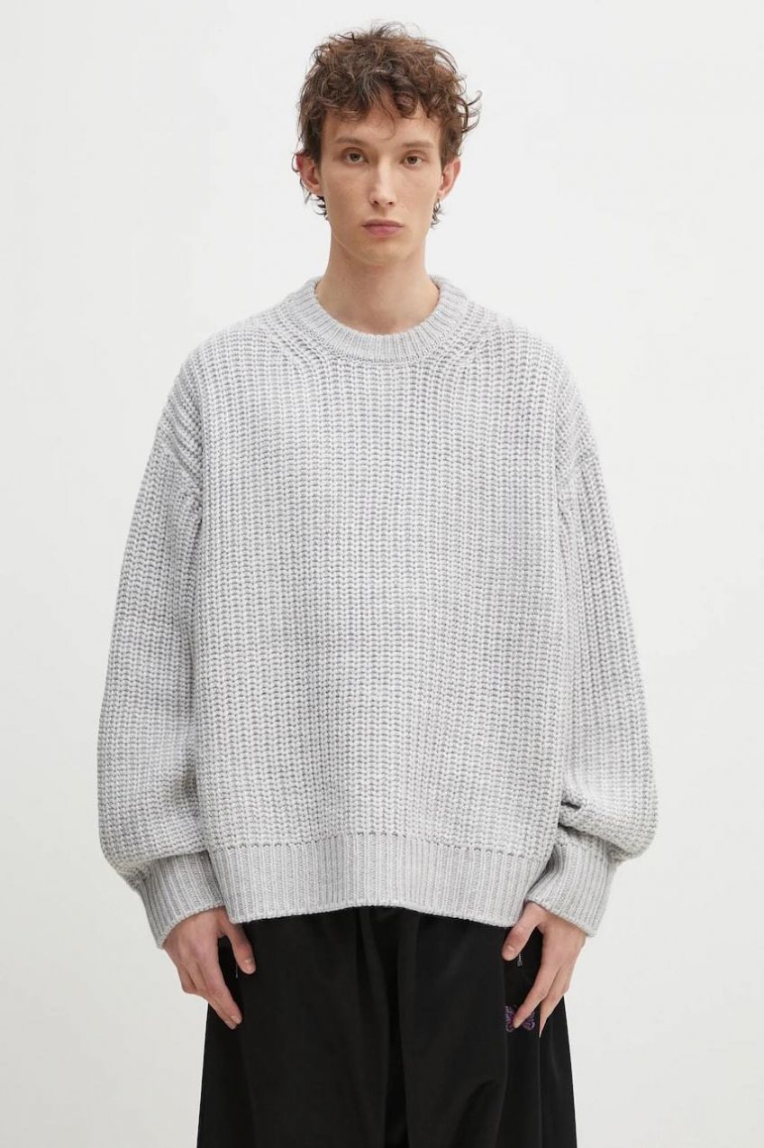 Sveter s prímesou vlny MKI MIYUKI ZOKU Chunky Rib Knit Crewneck pánsky, šedá farba, CHUNKY.RIB.KNIT.CRE.GR