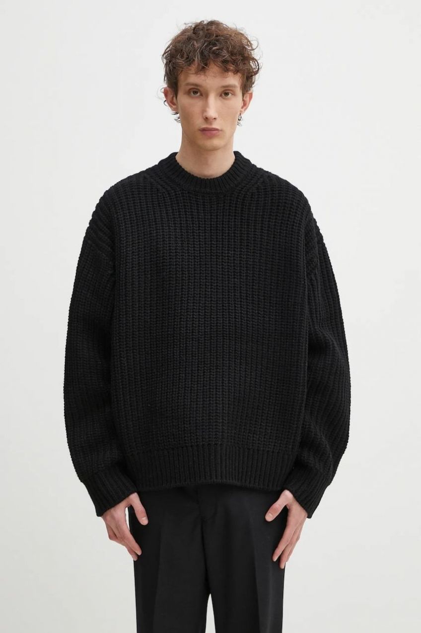 Sveter s prímesou vlny MKI MIYUKI ZOKU Chunky Rib Knit Crewneck pánsky, čierna farba, CHUNKY.RIB.KNIT.CRE.BL