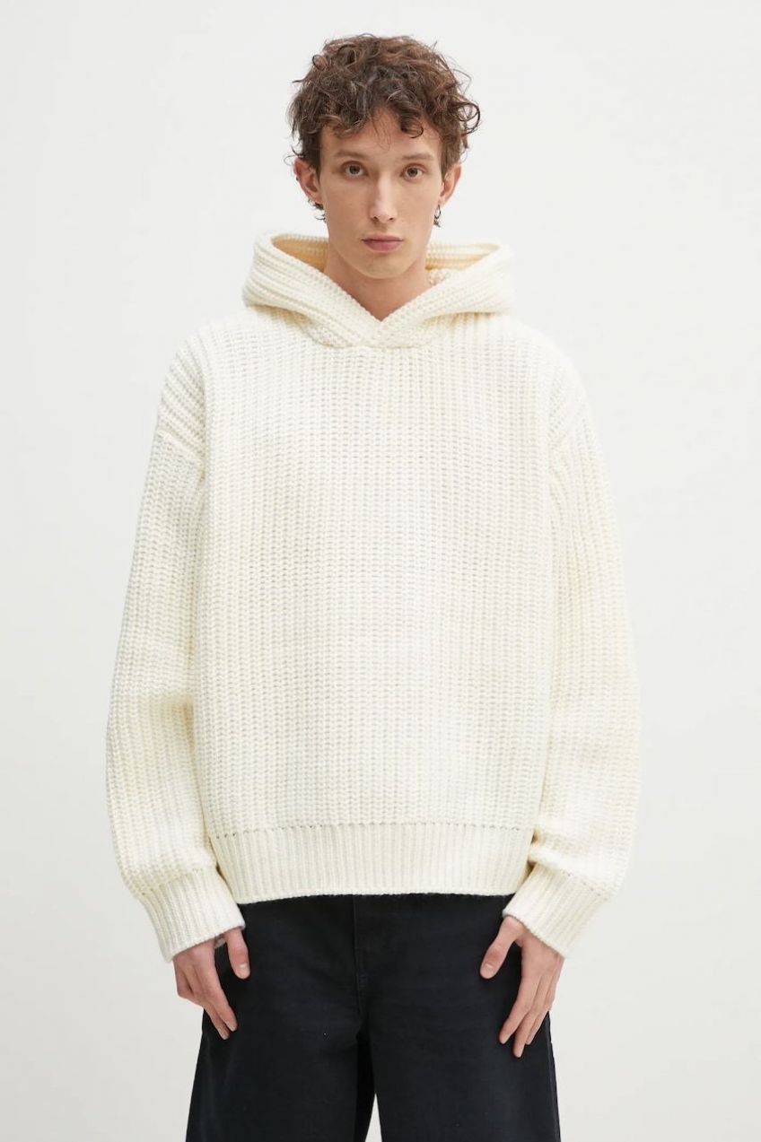 Sveter s prímesou vlny MKI MIYUKI ZOKU Chunky Rib Knit Hoody pánsky, béžová farba, CHUNKY.RIB.KNIT.HOODY.O