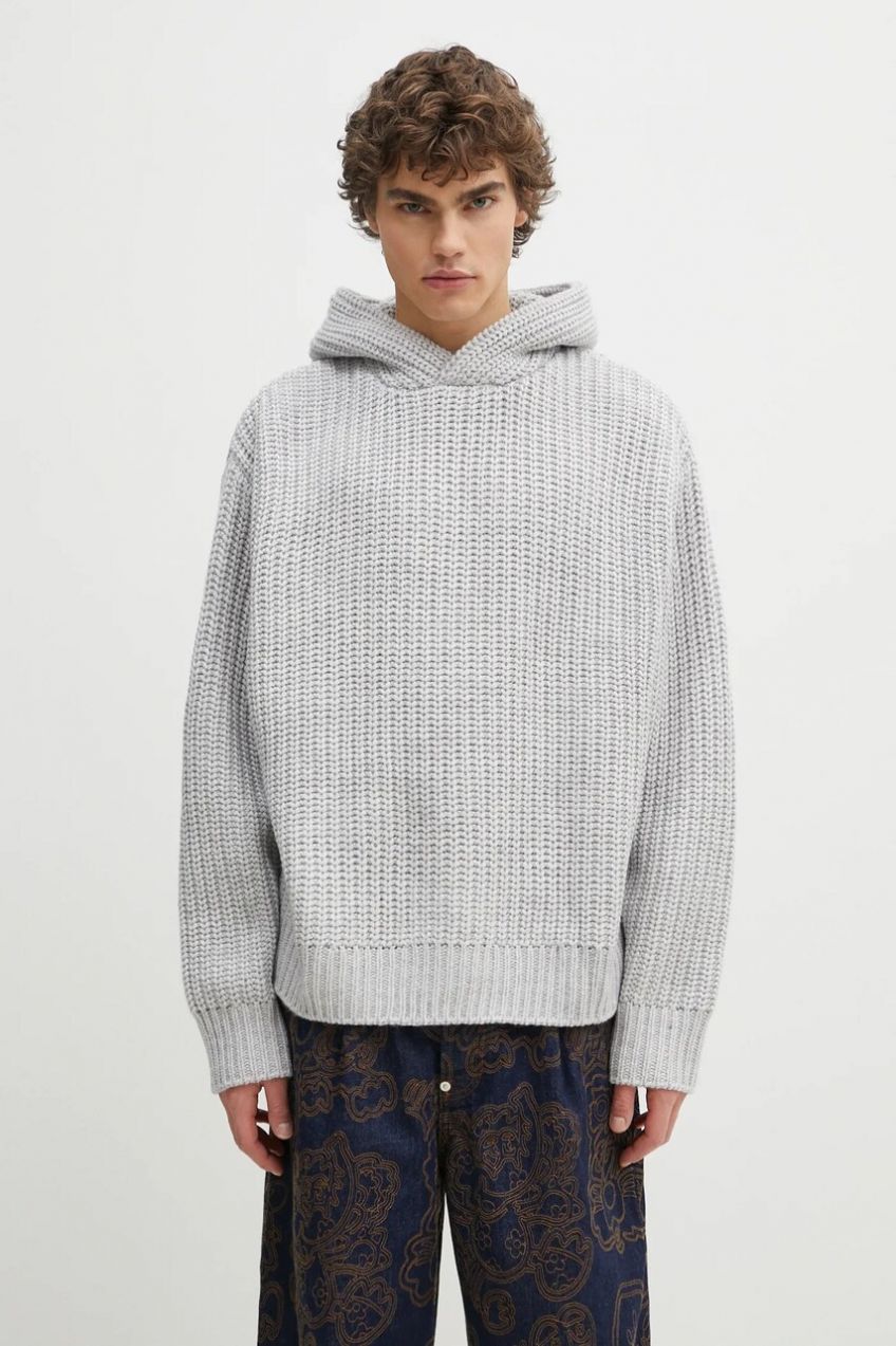 Sveter s prímesou vlny MKI MIYUKI ZOKU Chunky Rib Knit Hoody pánsky, šedá farba, teplý, CHUNKY.RIB.KNIT.HOODY.G