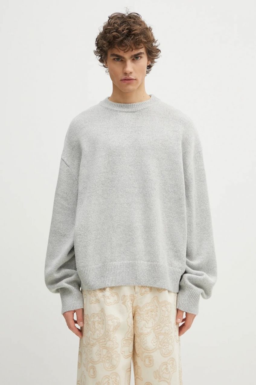 Sveter s prímesou vlny MKI MIYUKI ZOKU Mohair Blend Knit Crew pánsky, šedá farba, teplý, MOHAIR.BLEND.KNIT.CREW.