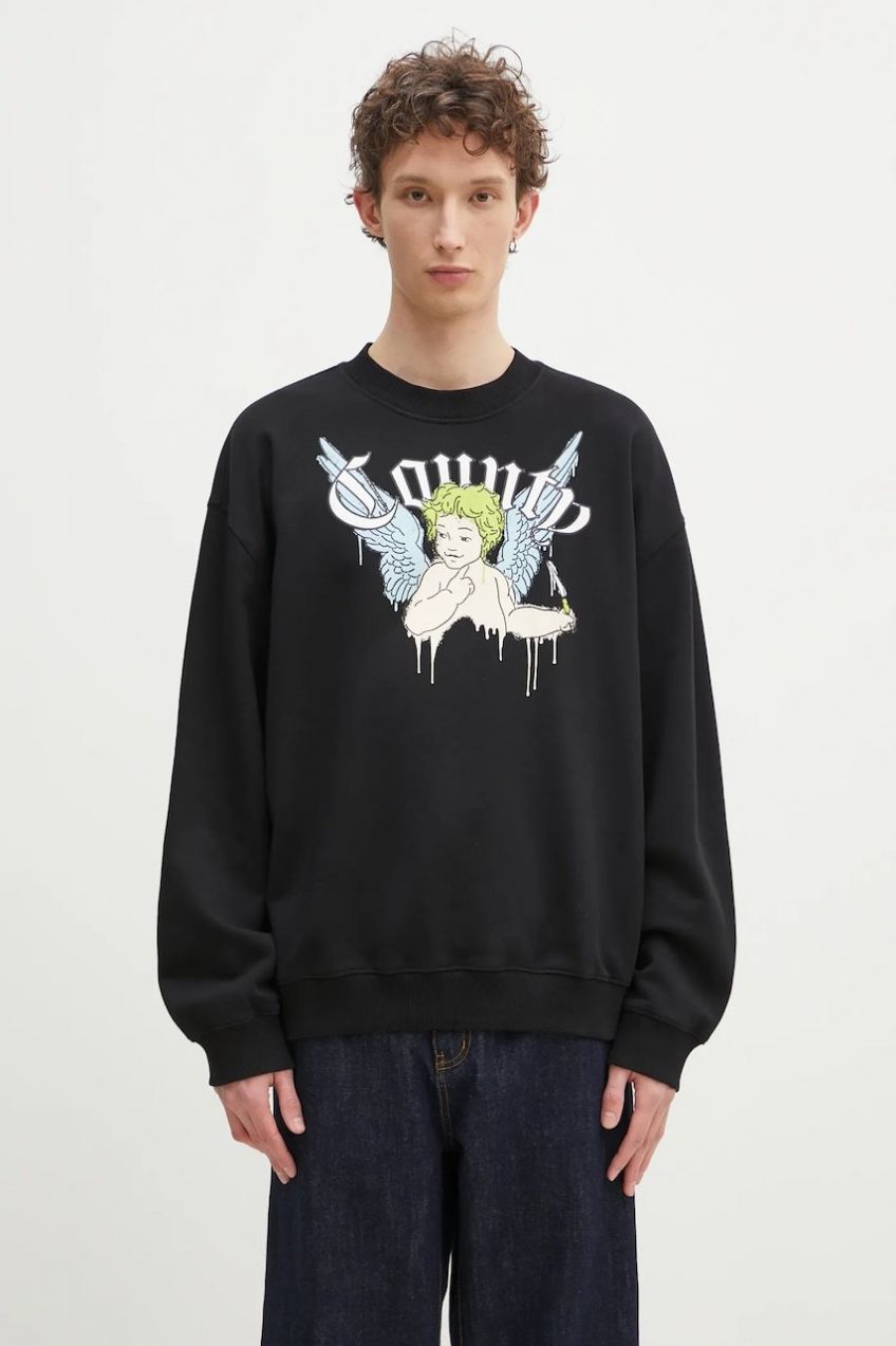 Bavlnená mikina Marcelo Burlon County Angel Boxy Crewneck Black Multico pánska, čierna farba, s potlačou, CMBA09CS25FLE0011084