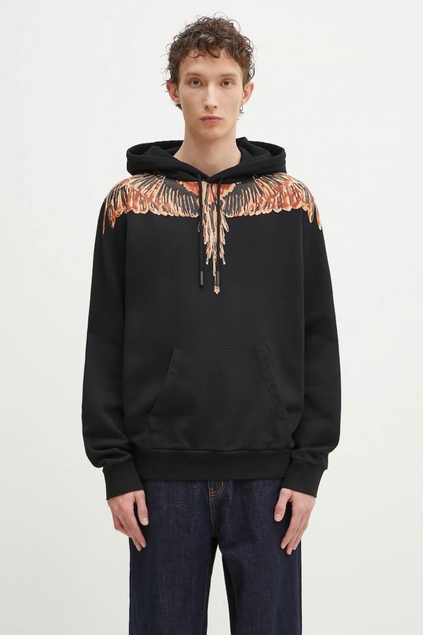 Bavlnená mikina Marcelo Burlon Icon Wings Regular Hoodie Black Orange pánska, čierna farba, s kapucňou, s potlačou, CMBB007S25FLE0011020