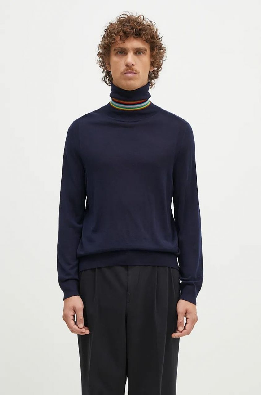 Vlnený sveter Paul Smith pánsky, tmavomodrá farba, tenký, s rolákom, M1R-565X-M02093