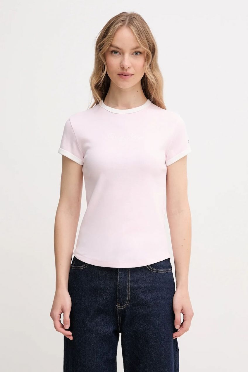 Bavlnené tričko Tommy Hilfiger dámske, ružová farba, WW0WW44581